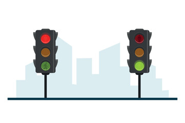 Pedestrian traffic light in the city backround. The traffic lights turn red and green. Vector illustration