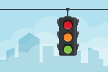 Traffic light in the city. Traffic light up red, green, yellow colors. Traffic lights with all three colors on against city with clouds. Vector illustration