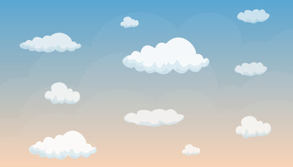 Blue sky with clouds. Flat blue sky, white clouds. Vector evening sky clouds. Sunset. Morning vector landscape