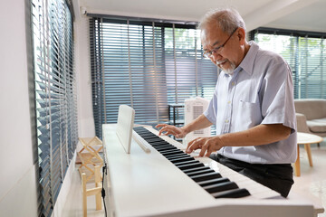 Happy smiling asian senior man with beard sitting and playing piano and singing a song in living room house indorrs. Musical and relaxation makes elder male happiness. Health care lifestyle concept. © feeling lucky
