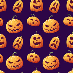 Seamless pattern with pumpkins on a dark background. Cartoon vector background. Halloween symbol.