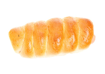 Delicious hot dog, sausage in dough, top view, isolated on white background