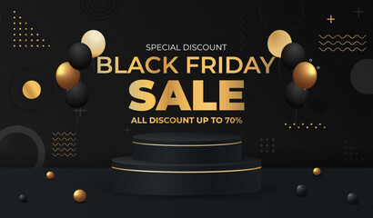 Abstract realistic 3D black cylinder pedestal podium set with black and golden balloons flying. Luxury black friday sale scene for product display presentation. Vector geometric rendering platform