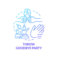 Throw farewell party blue gradient concept icon. Last meeting before moving abroad. Adieu get together abstract idea thin line illustration. Isolated outline drawing. Myriad Pro-Bold font used