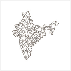 Doodle India map isolated. Eco design. Coloring page book. Hand drawn line art. Sketch vector stock illustration. EPS 10
