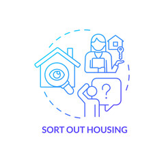 Sort out housing blue gradient concept icon. Rent apartment. Search dwelling. Arranging accommodation abstract idea thin line illustration. Isolated outline drawing. Myriad Pro-Bold font used