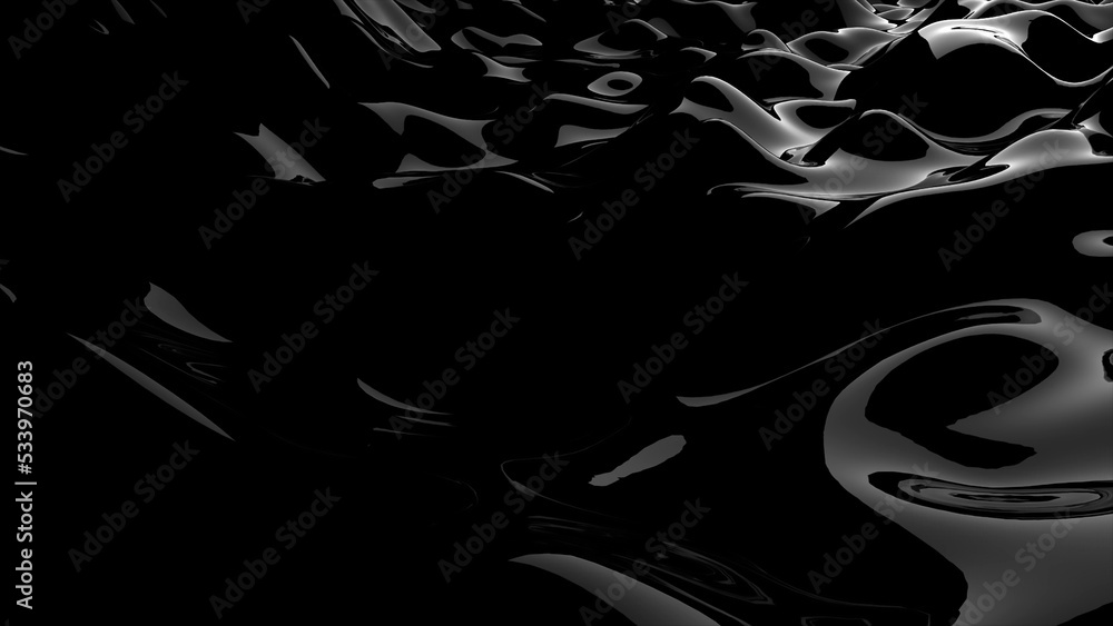 Poster 3D rendering of black water wave marble surface. Geometric computer graphic background of glossy reflective sea or ocean surface texture with ripples. Oil spill. Bumpy form of liquid.