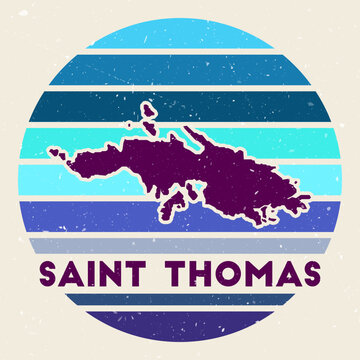 Saint Thomas logo. Sign with the map of island and colored stripes, vector illustration. Can be used as insignia, logotype, label, sticker or badge of the Saint Thomas.