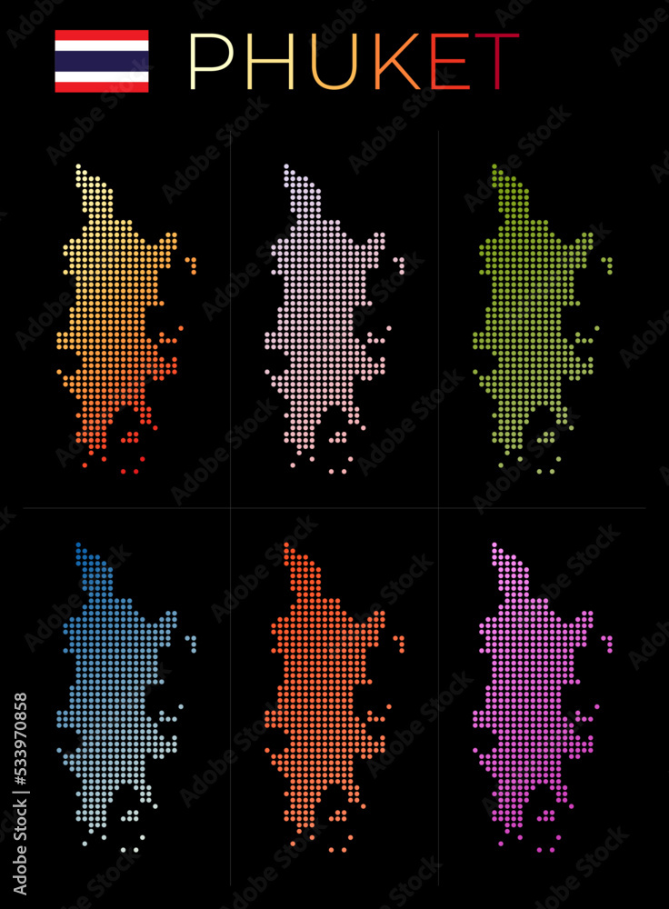 Poster phuket dotted map set. map of phuket in a dotted style. borders of the island filled with beautiful 