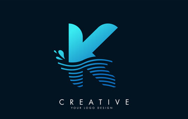 Blue K Letter Logo with Waves and Water Drops Design.