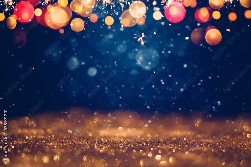 Wall mural festive golden glittering in the dark night background with blurred bokeh lights and snow. christmas