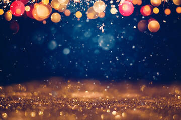 Festive golden glittering in the dark night background with blurred bokeh lights and snow....