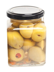 Green olives jar isolated on a white background.