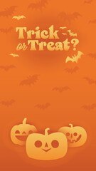 Halloween banner with copy space. Trick or treat lettering sign with bats and carved pumpkins. Cute and funny spooky style.