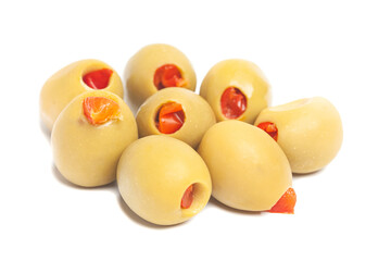 Green olives stuffed with sweet peppers isolated on a white background