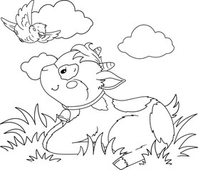 baby goat witch a bird coloring page