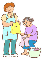 洗濯物をたたんでいる認知症の高齢女性とホームヘルパーの中年女性のイラスト