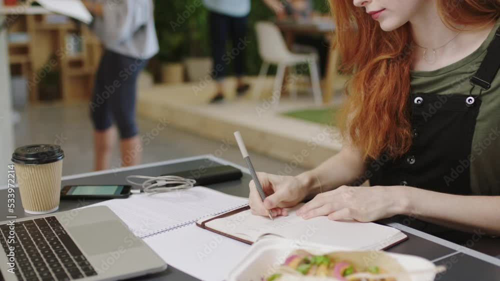 Poster business woman, writing notes and ux analysis in a busy office as web developer planning digital mar