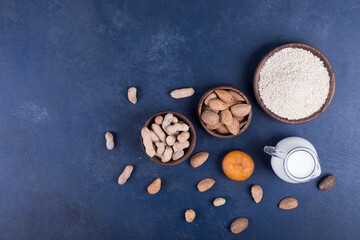 Dry fruits and ingredients with a jar of milk , top view