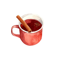 Watercolor illustration of mulled wine isolated on white background. Autumn handmade illustration.