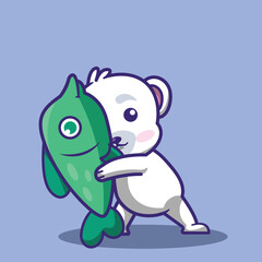 cute polar bear character playing with fish 