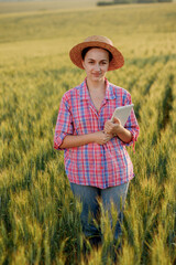 A young fcrmer checks a grain field and sends data to the cloud from a tablet. Concept of smart farming and digital agriculture. Successful production and cultivation of organic food products