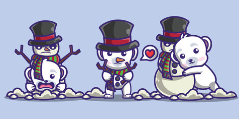 cute polar bear character playing with snowman bundle