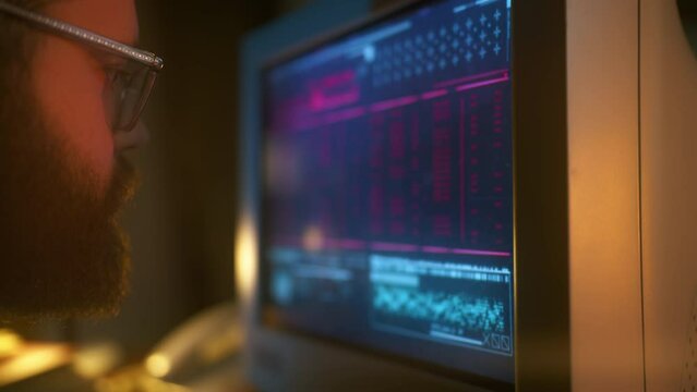 Geeky programmer guy creating computer software, 90s lifestyle, developer