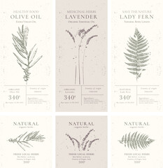 Elegant Label collection for Natural organic herbal products. Vintage packaging design set for Cosmetics, Pharmacy, healthy food.