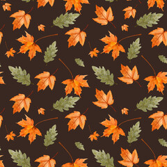 Seamless watercolor pattern with fall leaf elements. Autumn season. Repeated horizontally and vertically.