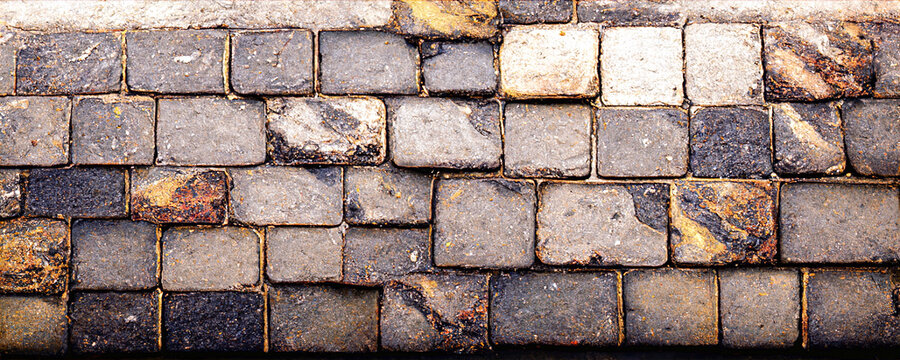 A texture of rectangular stone tiles, a Victorian London vintage pavement background, Generative AI 