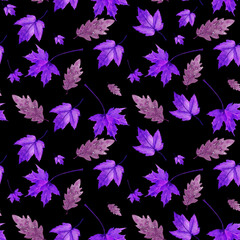Fototapeta na wymiar Seamless watercolor pattern with fall leaf elements. Autumn season. Repeated horizontally and vertically.