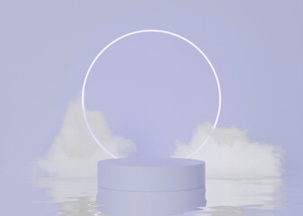 Mock up 3d Podium with cloud on water. Geometric shape. Minimal. Abstract background. 3d render illustration
