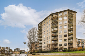 Multi storey building next to river