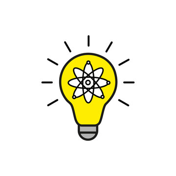 lightbulb with atom symbol, science idea icon vector