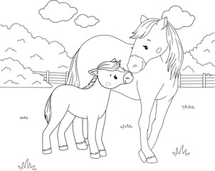 Fototapeta na wymiar horse with foal coloring page