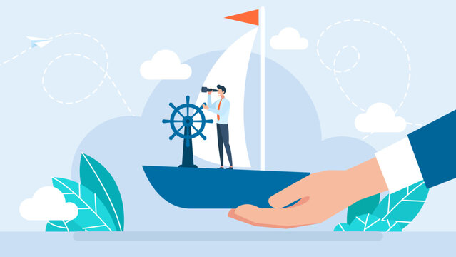 A businessman holds a ship in his hand. Management control. Concept of control, business management, life. Wooden ship wheel. Sailing, nautical. Flat style. Vector business illustration. 