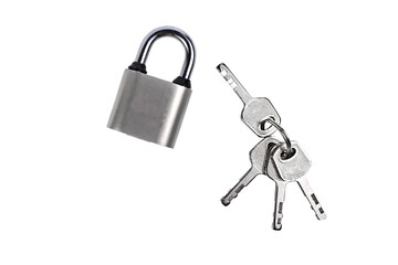 Closed padlock with keys on a white background. The concept of protection and security in the form of a lock