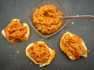 zacusca, romanian vegetable spread, with roasted eggplant, onions tomato paste and roasted red peppers	