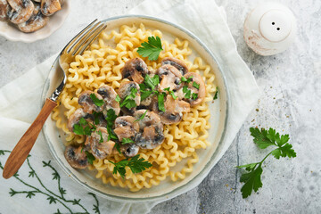 Fusilli pasta with mushrooms, cheese and garlic creamy sauce on plate on on grey stone or concrete table background. Top view. Traditional Italian cuisine.