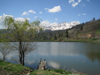 a lake with a clutch and a tree against the backdrop of snow-capped mountains