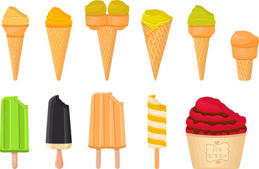 big kit ice cream popsicle different types in cone waffle cup