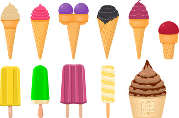 big kit ice cream popsicle different types in cone waffle cup