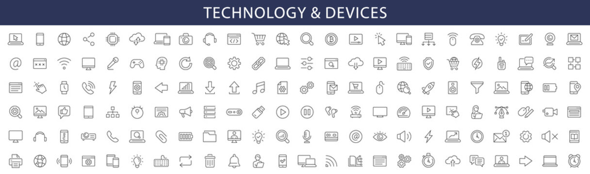 Technology and Device thin line icons set. Web icons. Computer, Smartphone, Tablet, Mail, Devices, Search, Tablet, Cloud, Media icon. Vector illustration