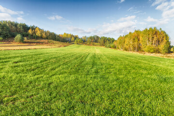 Landscape autumn field with colourful trees, autumn Poland, Europe and amazing blue sky with clouds, sunny day	