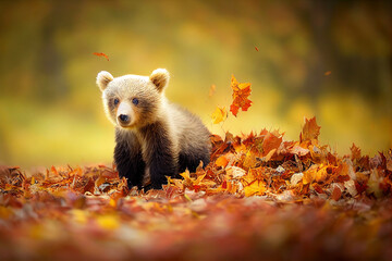 3d illustration of a cute bear cub in the autumn forest - obrazy, fototapety, plakaty