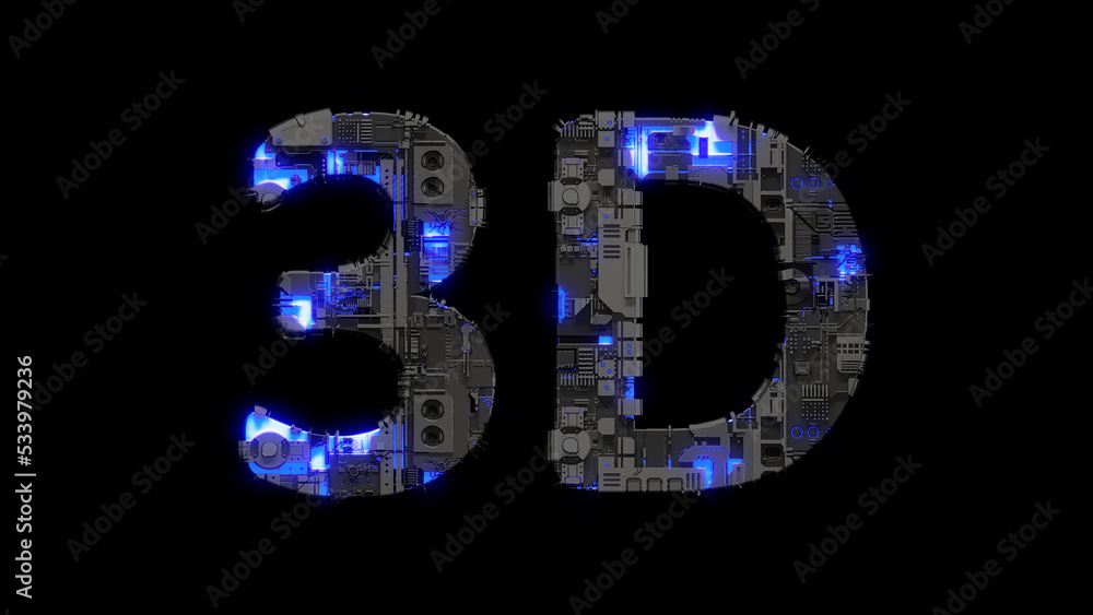 Poster modern cybernetic text 3d shining blue electrical light, isolated - object 3d rendering
