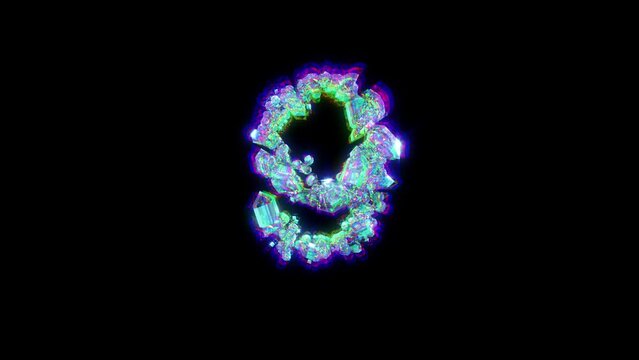number 9 of cybernetical crystals with chromatic aberrance - distortion font, isolated - loop video