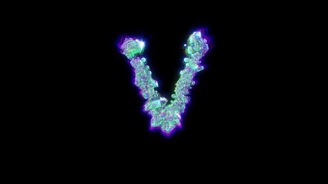 letter V of cybernetical crystals with chromatic aberrations - glitch alphabet, isolated - loop video