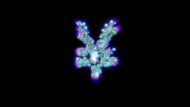 yen symbol of cybernetical crystals with chromatic aberrance - glitch alphabet, isolated - loop video